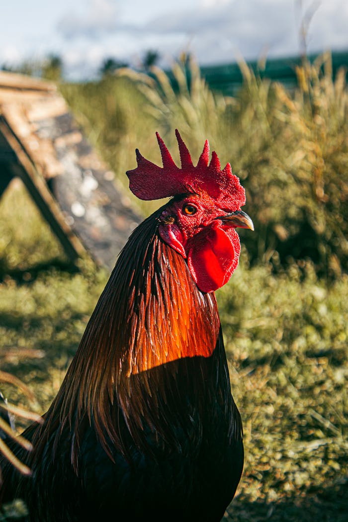 Close-up of a colorful rooster in a sunlit farm setting, showcasing vibrant plumage and rural life.